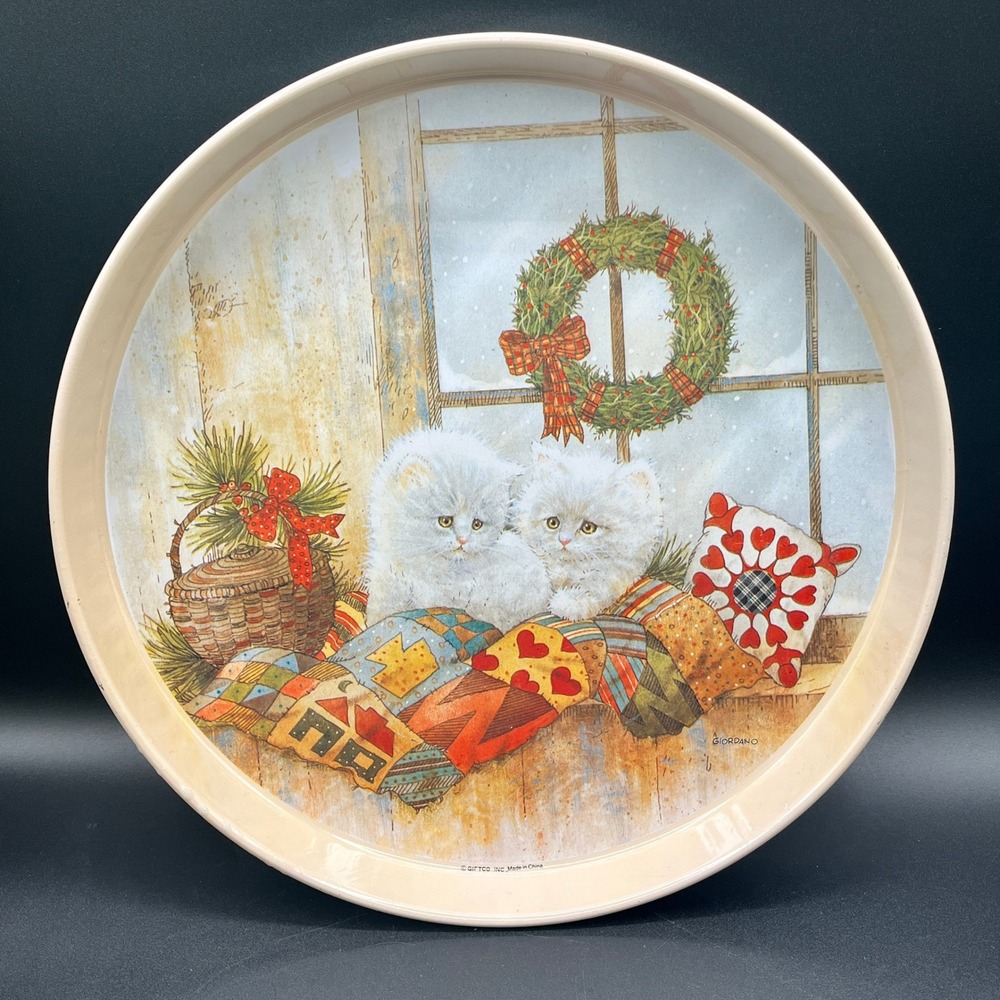 Vtg 1991 Giordano Christmas Kittens Metal Serving Tray Round‎ Tin Giftco 12"